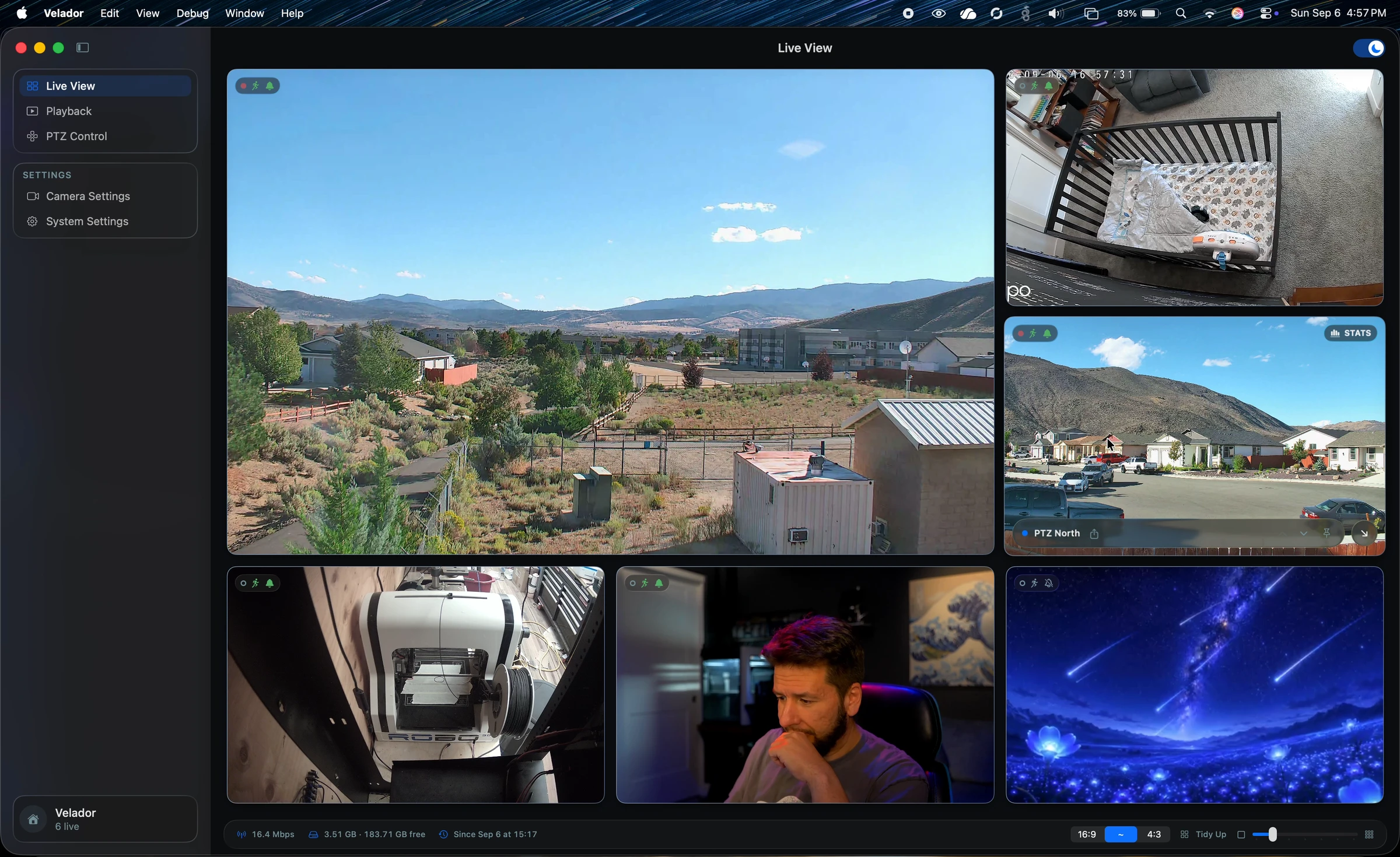 Velador on Mac showing a multi-camera live view with camera navigation and detections.